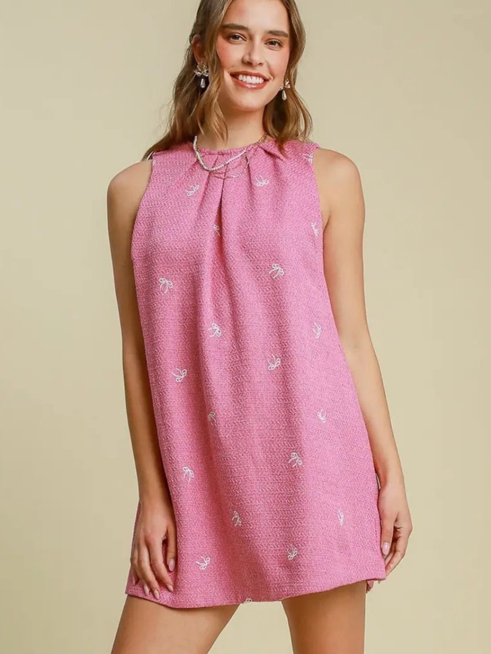 NWT Umgee Pink Tweed Embroidered Bow Dress - Picture 3 of 7